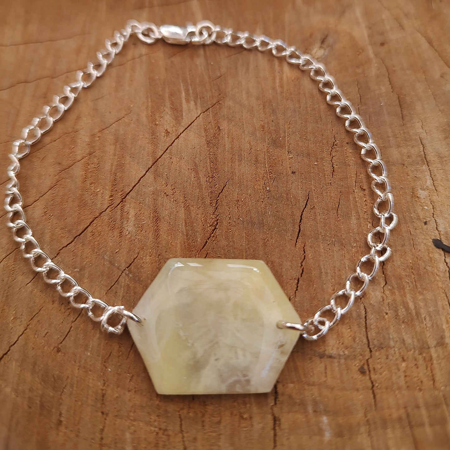 Sunshine Collection:  Pale Yellow and Cream hexagon shaped focal bead on silver plated chain bracelet or anklet