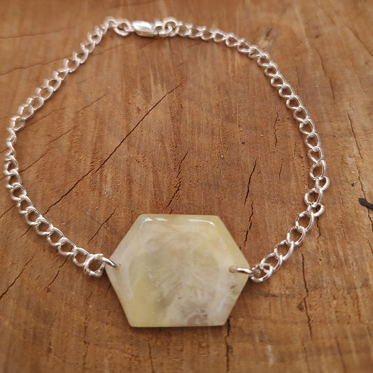 Sunshine Collection:  Pale Yellow and Cream hexagon shaped focal bead on silver plated chain bracelet or anklet