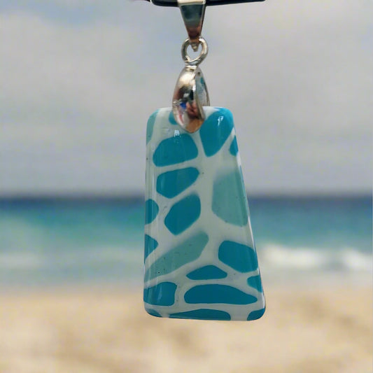 Bubbles Collection:  Trapezoid shaped pendant with a fun bubble pattern including Blue, Teal, and White