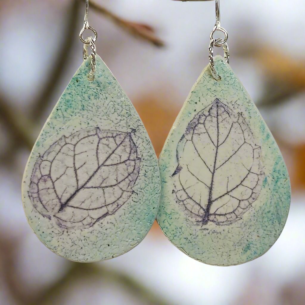 polymer clay earrings green leaves