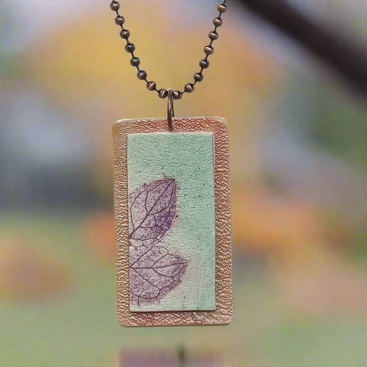 Polymer clay necklace, fall leaves, pale green, rose gold