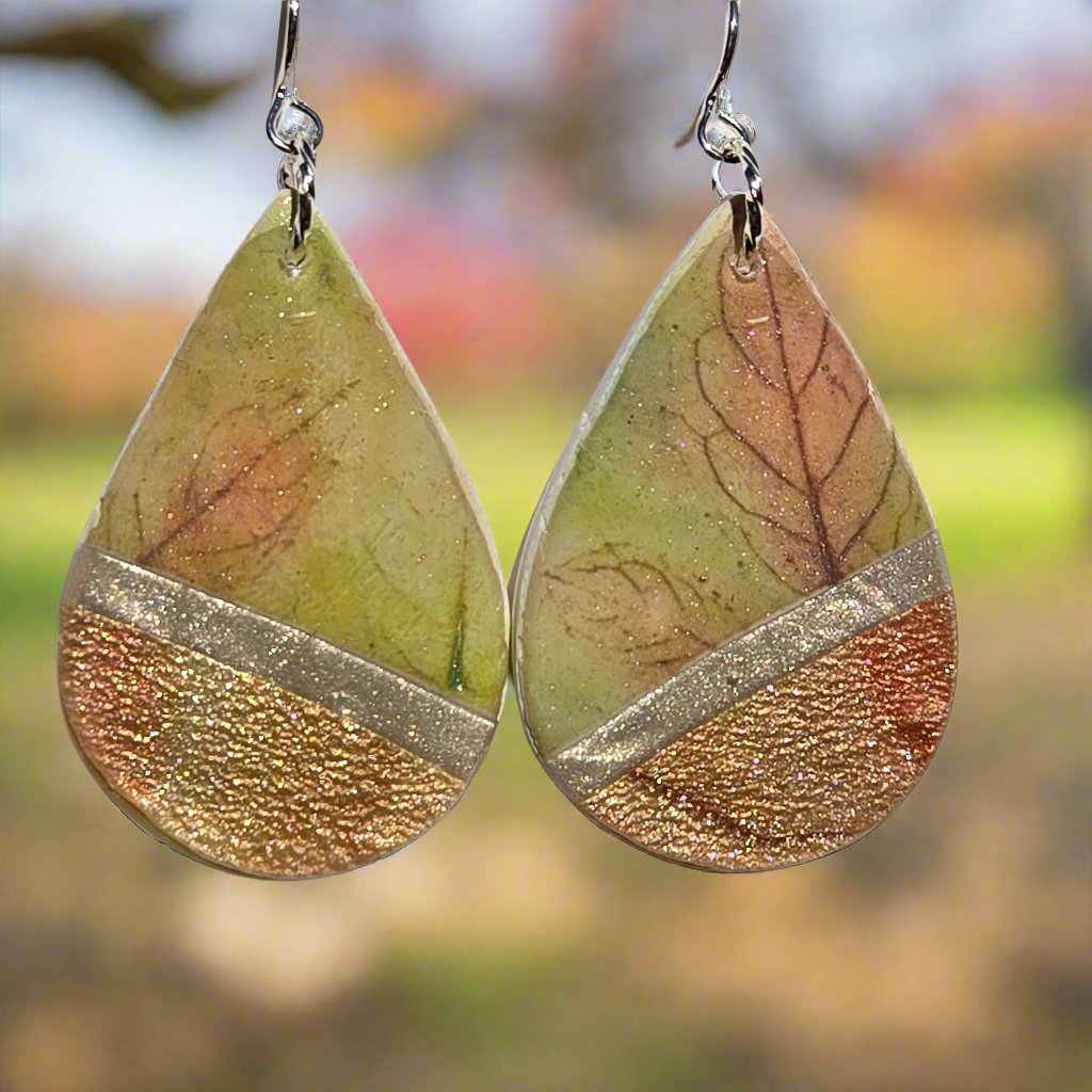 light green, peach and shimmery coppers and silver earring