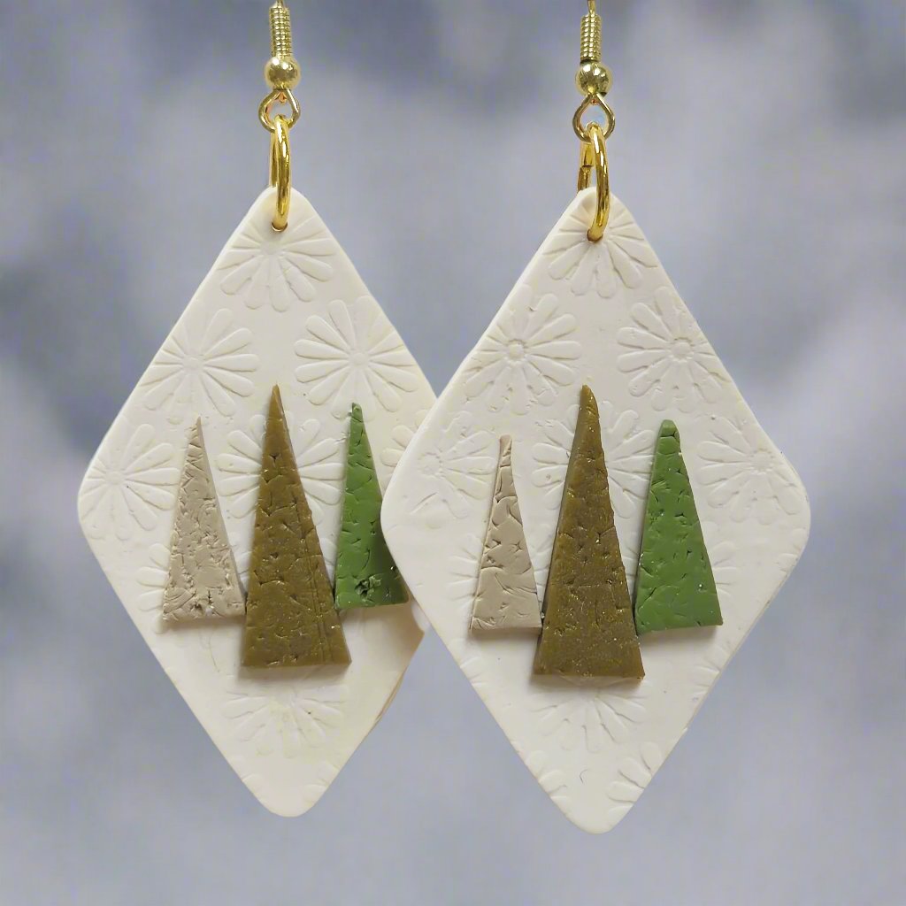 Winter Earrings, classic, simple design of trees on a white triangle shape earring