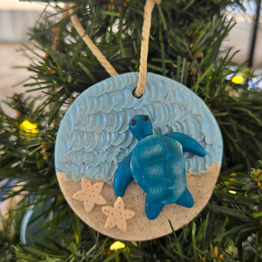 Blue Sea Turtle Polymer Clay Ornament with starfish