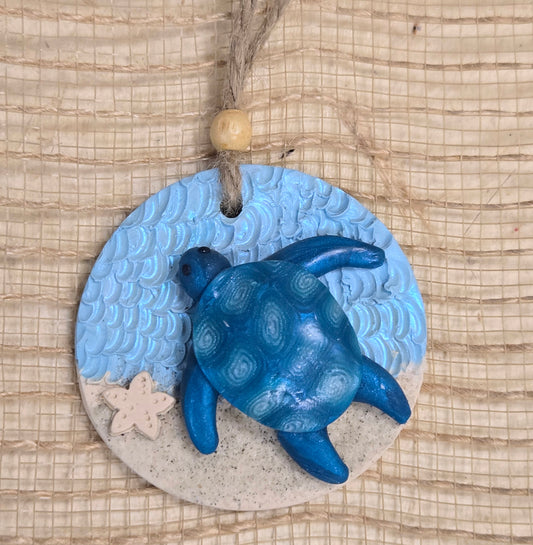 Blue Sea Turtle Polymer Clay Ornament with starfish on Florida Sand