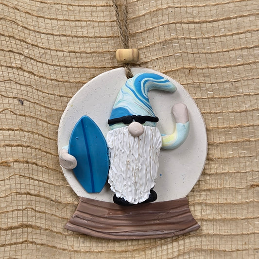 Hey Dude, Surfs Up!  Polymer Clay Gnome ready for the beach, snow globe ornament