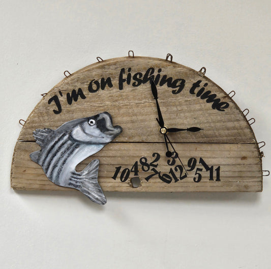 Im on fishing time wall clock on crab basket bottom