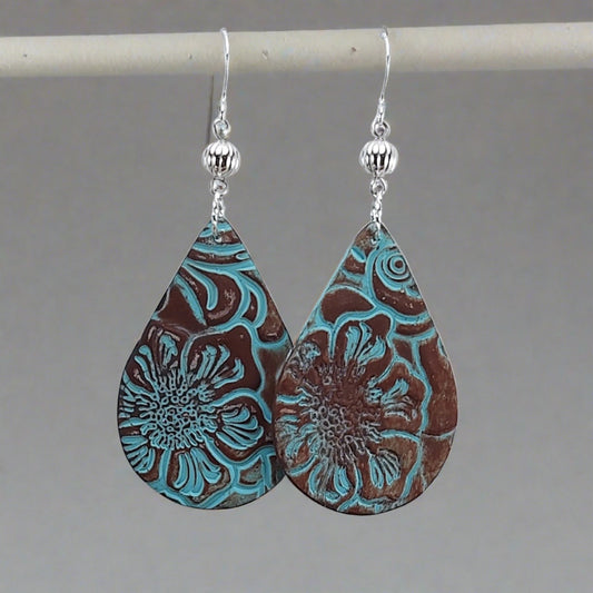 She's Gone Country -Tear Drop stamped leather look earrings