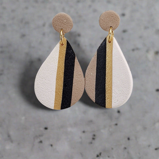 Neutral Collection black, tan and gold tear drop post earrings
