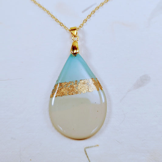 Tear Drop pendant, Sky blue, Sand and Gold accents.
