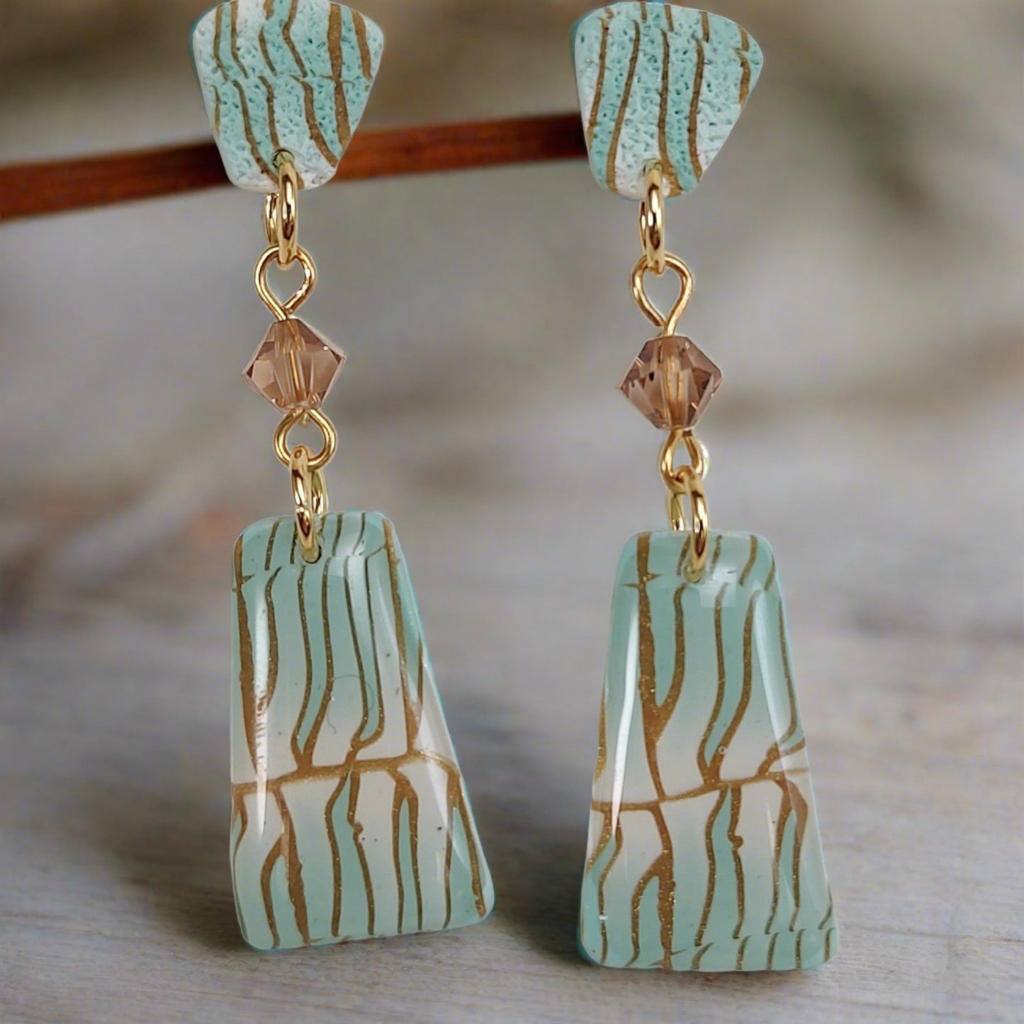 Dangle earring, Mint Green, White and Gold w/ swarovski crystal accent