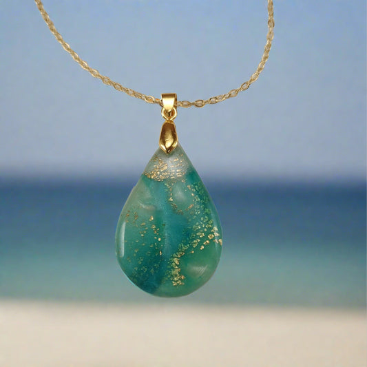 Beachy Necklace, Oval, Blue, pearl, teal, and gold flecks