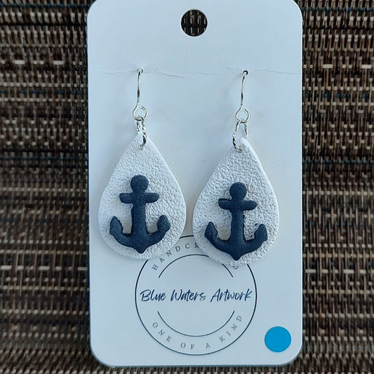 nautical white earrings with blue anchor