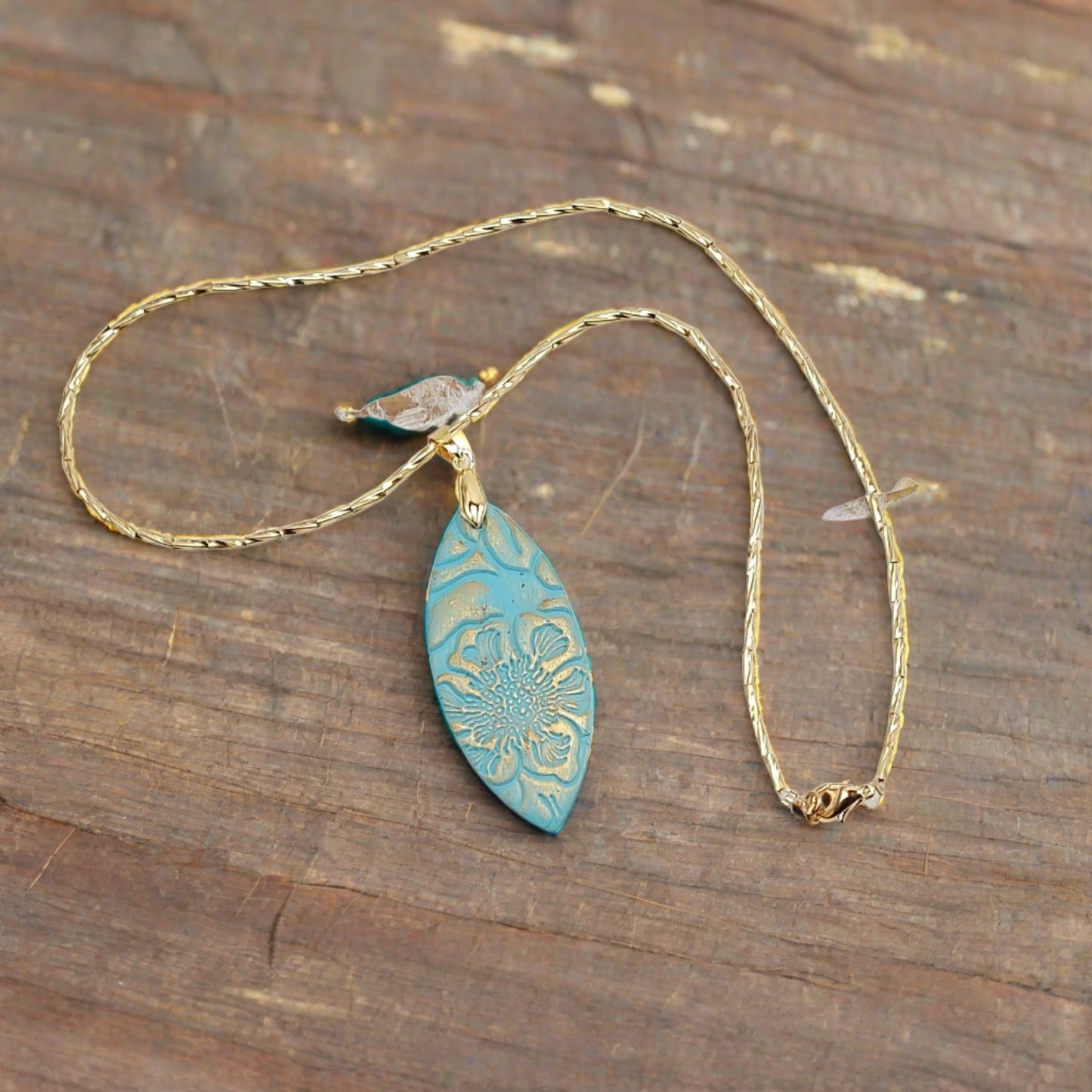 She's Gone Country - teal pendant on gold plated necklace