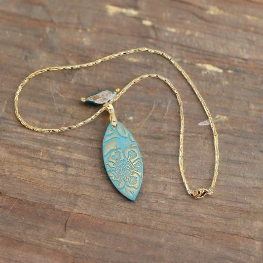 She's Gone Country - teal pendant on gold plated necklace