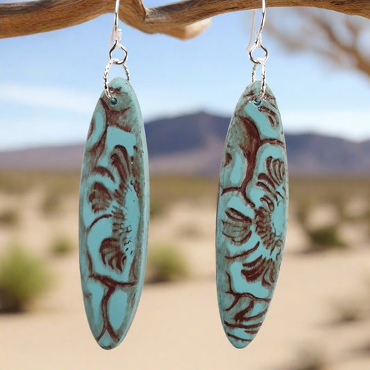 She's Gone Country - Long oval stamped leather look earrings