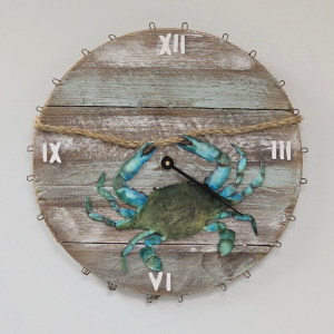 hand painted blue crab on crab basket bottom with clock