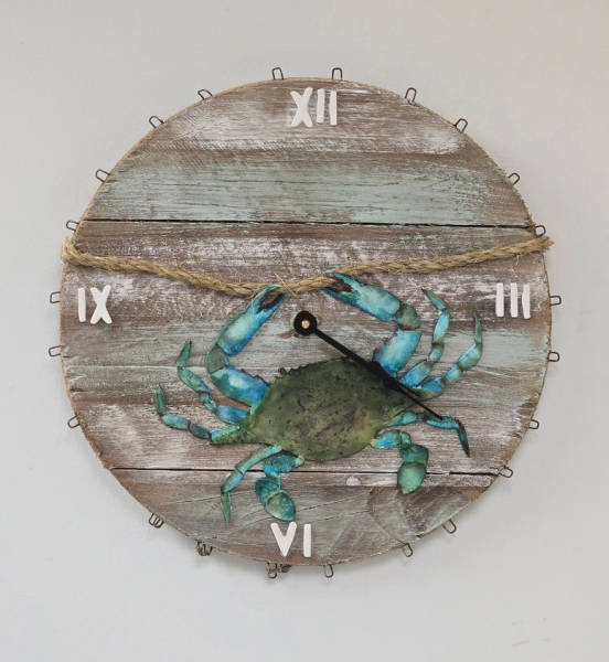 hand painted blue crab on crab basket bottom with clock