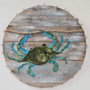 handpainted blue crab on crab basket bottom